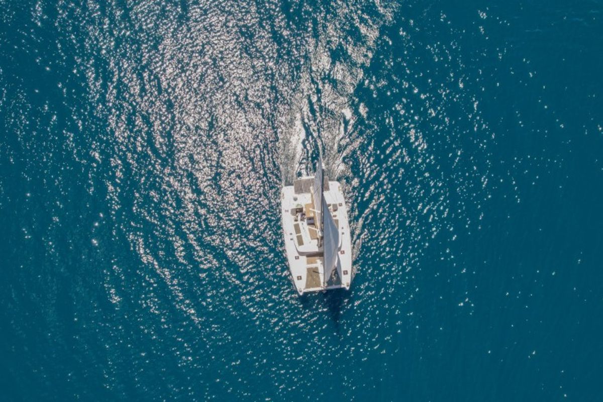 Exterior view of Loryma Sailing, a Lagoon 450 catamaran at Marmaris, Turkey