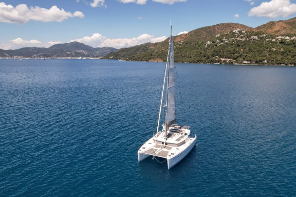 Exterior view of Loryma Sailing, a Lagoon 450 catamaran at Marmaris, Turkey