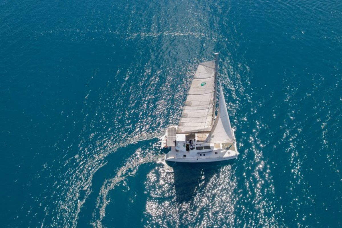 Exterior view of Loryma Sailing, a Lagoon 450 catamaran at Marmaris, Turkey