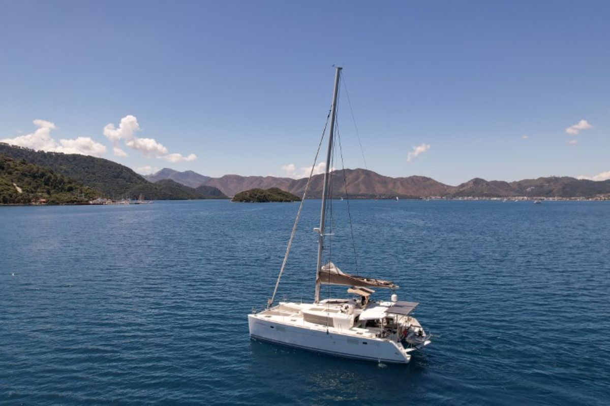 Exterior view of Loryma Sailing, a Lagoon 450 catamaran at Marmaris, Turkey