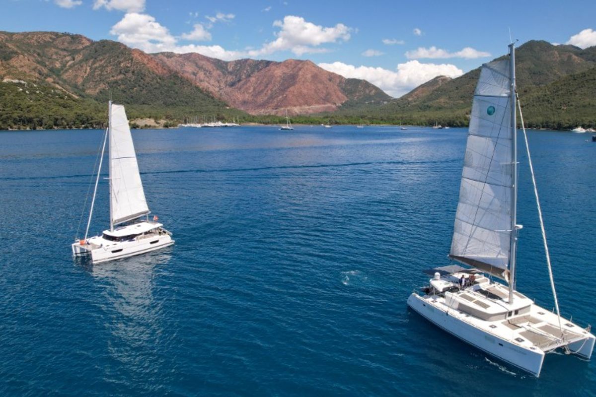 Exterior view of Loryma Sailing, a Lagoon 450 catamaran at Marmaris, Turkey