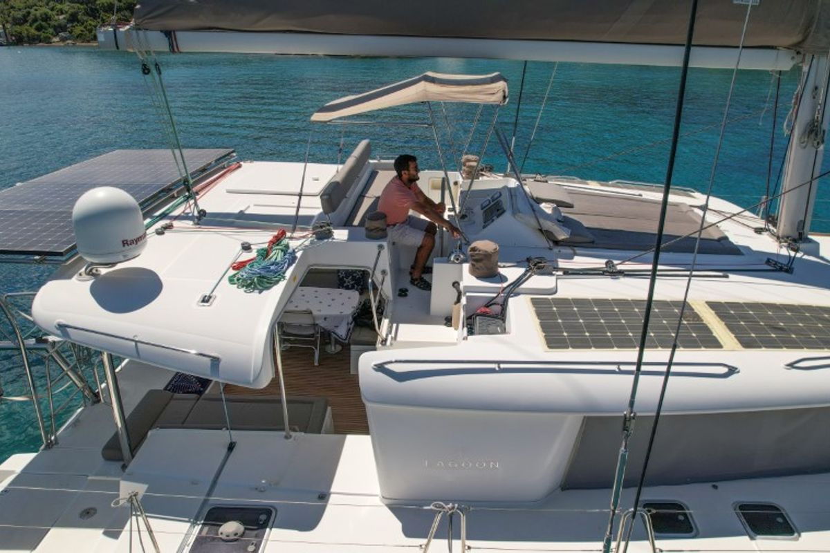 Cockpit of Loryma Sailing, a Lagoon 450 catamaran at Marmaris, Turkey