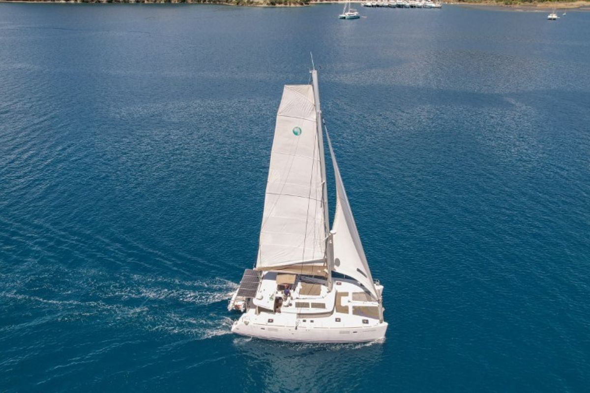 Exterior view of Loryma Sailing, a Lagoon 450 catamaran at Marmaris, Turkey