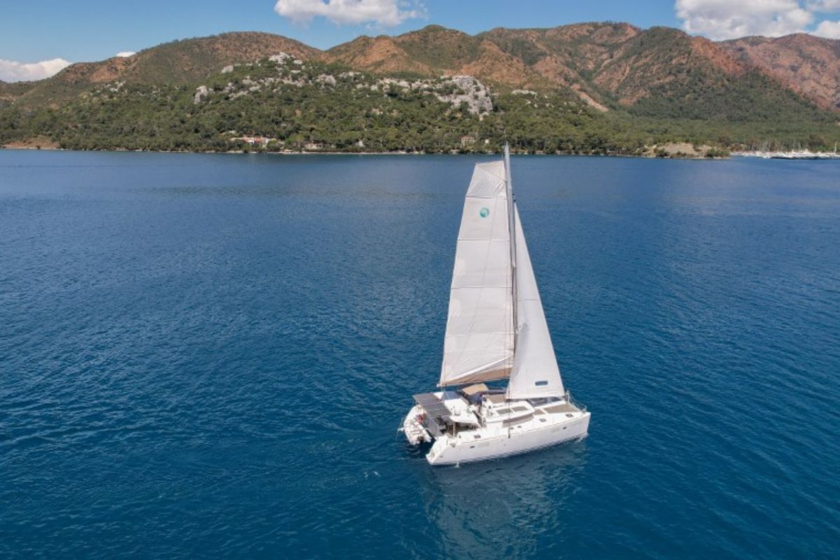 Exterior view of Loryma Sailing, a Lagoon 450 catamaran at Marmaris, Turkey