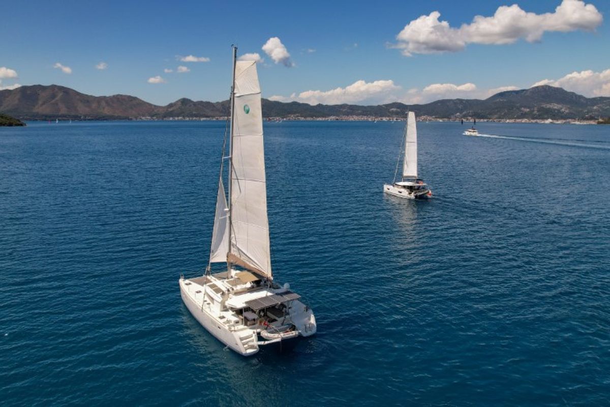 Exterior view of Loryma Sailing, a Lagoon 450 catamaran at Marmaris, Turkey