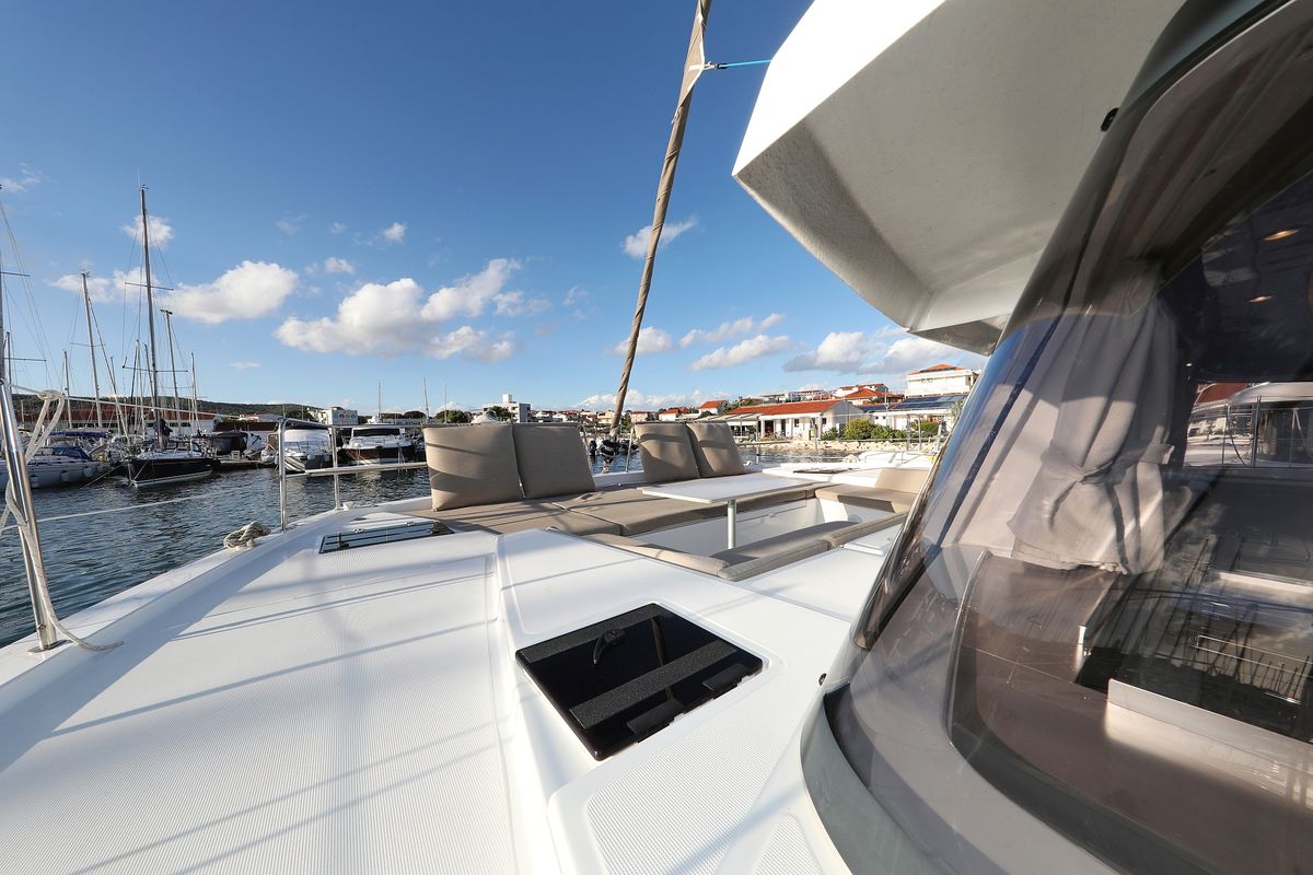 Deck of Aurora, a Bali 4.2 catamaran at Grad Vodice, Croatia