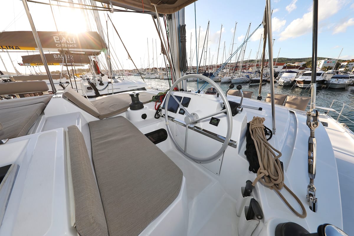 Cockpit of Aurora, a Bali 4.2 catamaran at Grad Vodice, Croatia