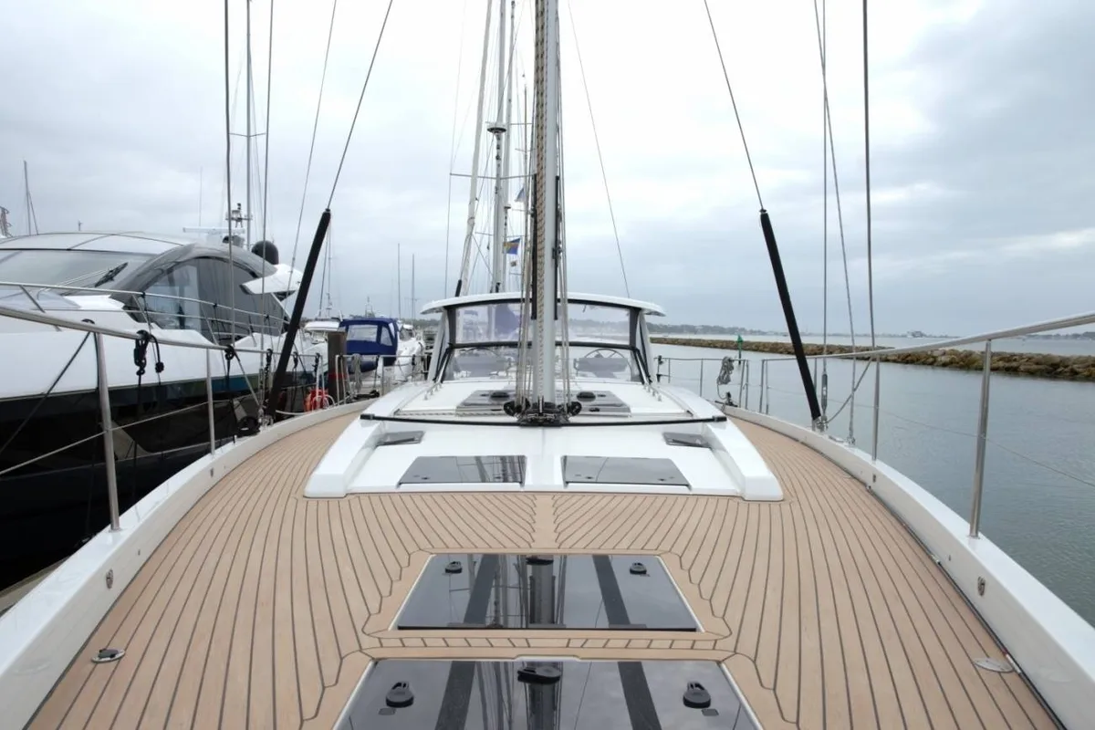 Deck of Eclipse, a Hanse Yachts Hanse 588 sailboat at Athens, Greece