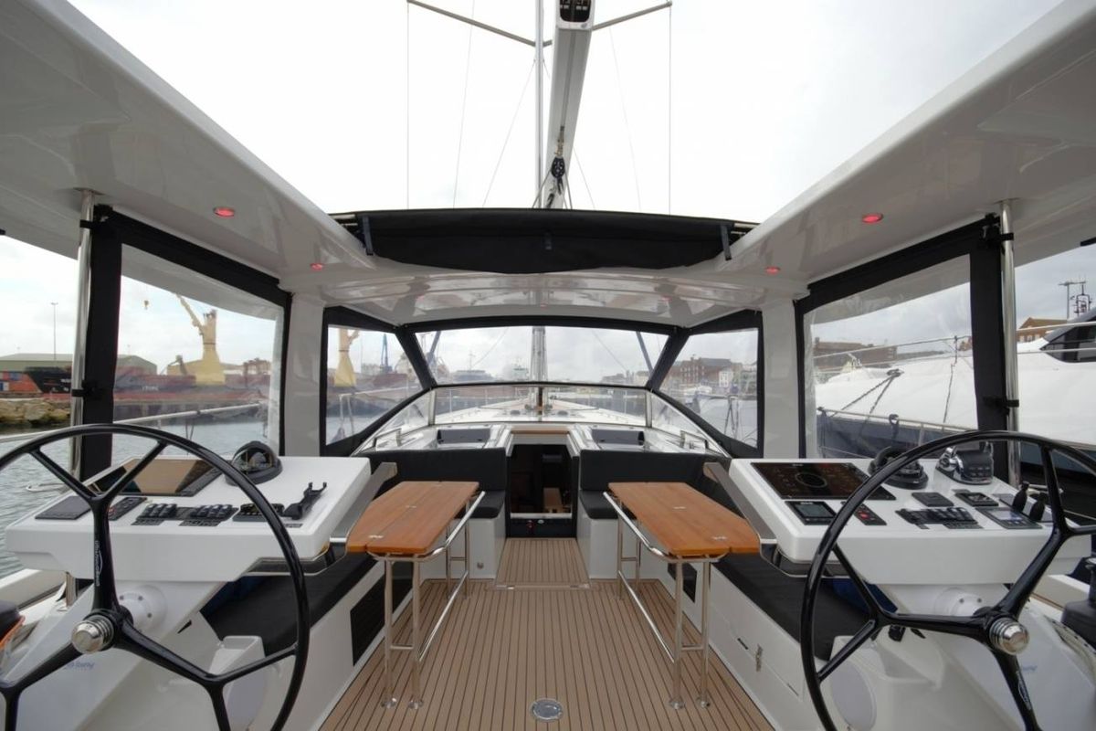 Cockpit of Eclipse, a Hanse Yachts Hanse 588 sailboat at Athens, Greece