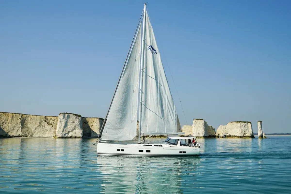 Exterior view of Eclipse, a Hanse Yachts Hanse 588 sailboat at Athens, Greece