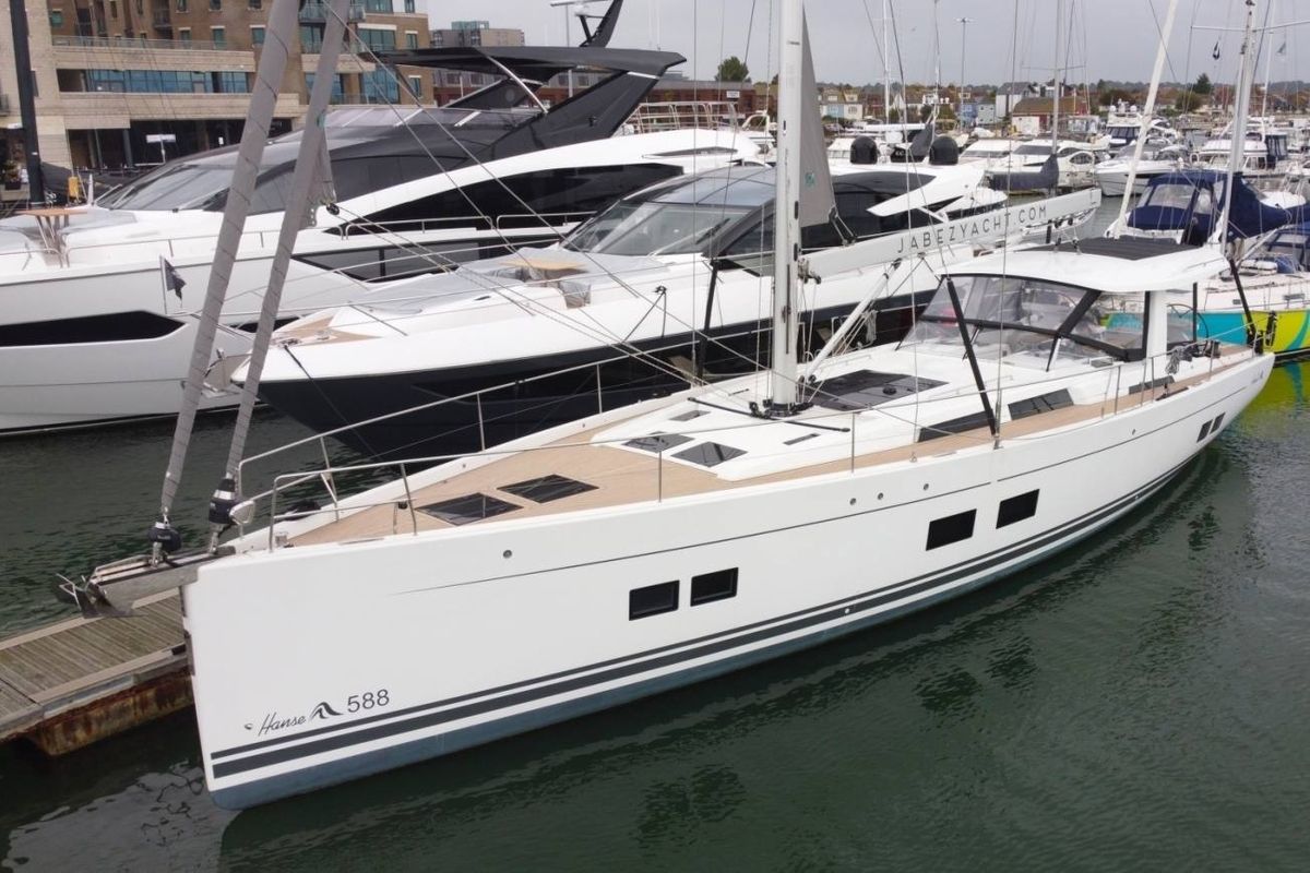 Exterior view of Eclipse, a Hanse Yachts Hanse 588 sailboat at Athens, Greece
