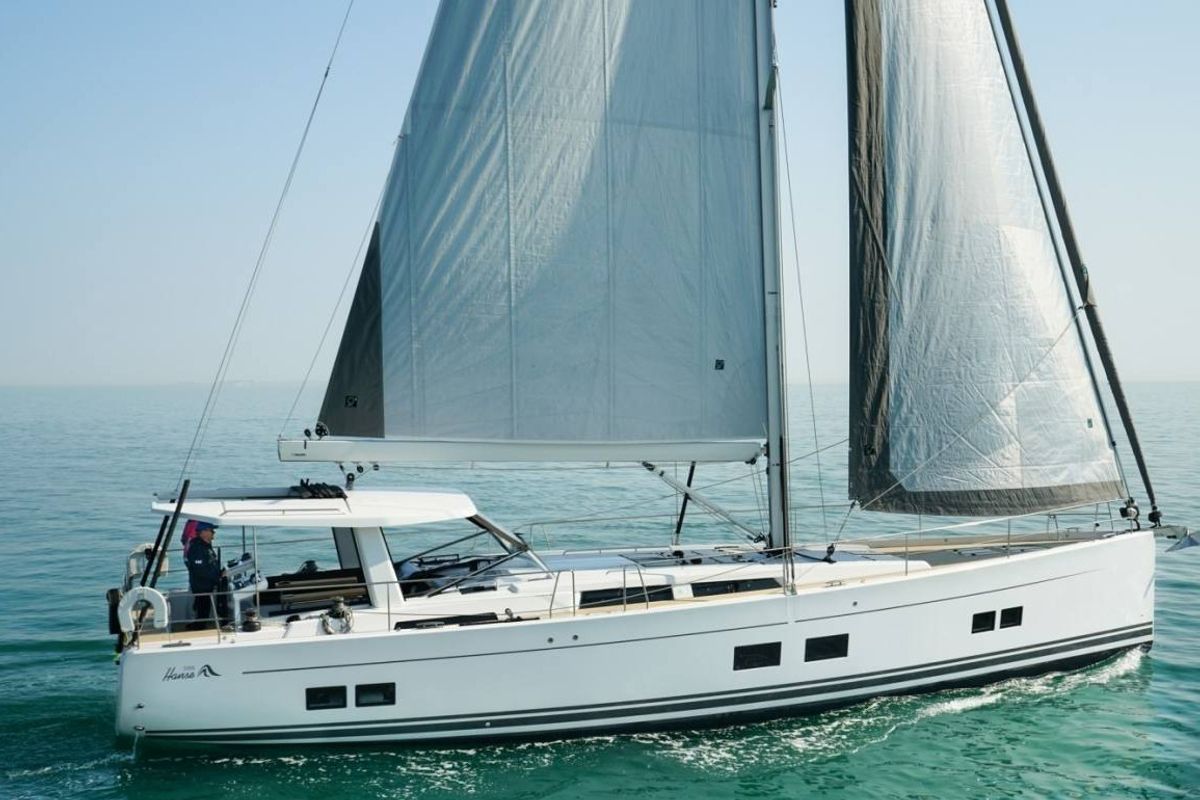 Exterior view of Eclipse, a Hanse Yachts Hanse 588 sailboat at Athens, Greece