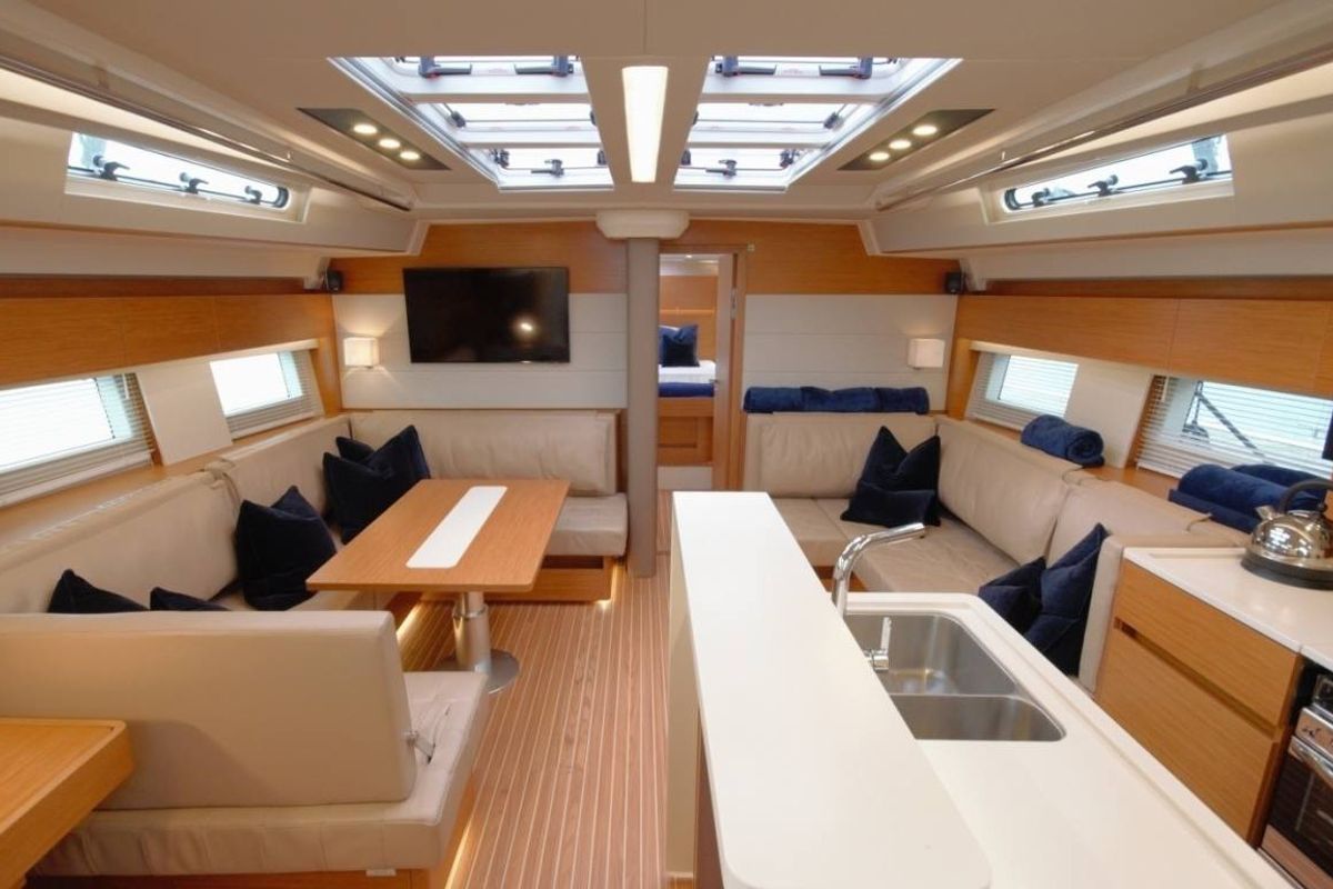 Salon of Eclipse, a Hanse Yachts Hanse 588 sailboat at Athens, Greece
