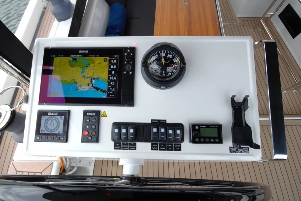 Cockpit of Eclipse, a Hanse Yachts Hanse 588 sailboat at Athens, Greece