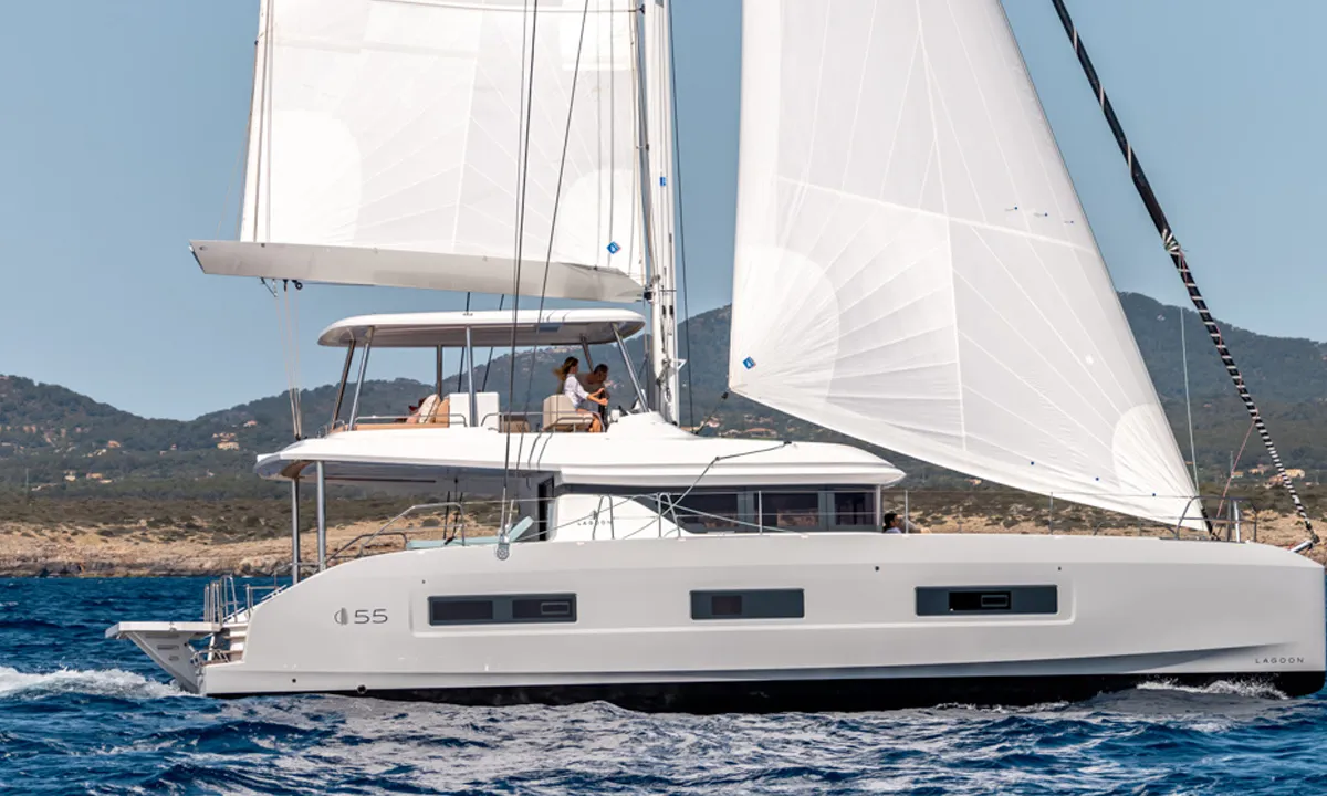 Exterior view of Seas The Day, a Lagoon 55 catamaran at Grad Kaštela, Croatia