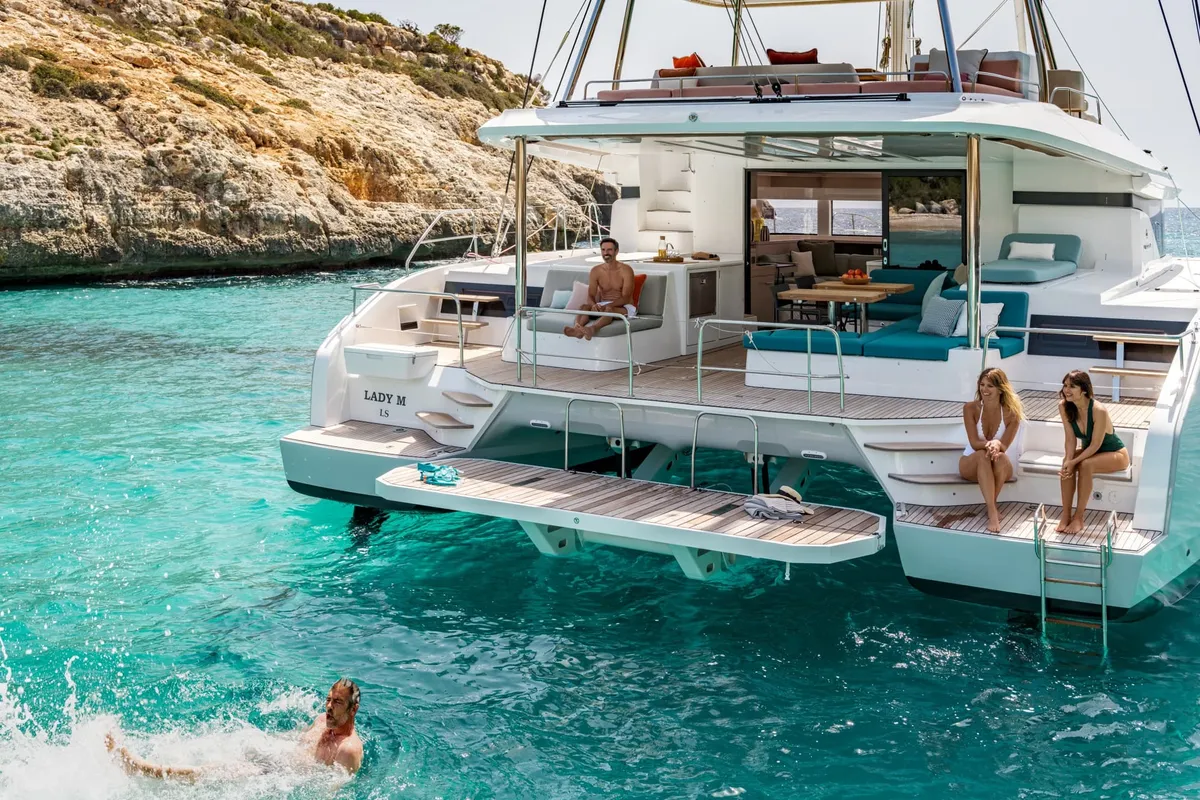 Exterior view of Seas The Day, a Lagoon 55 catamaran at Grad Kaštela, Croatia
