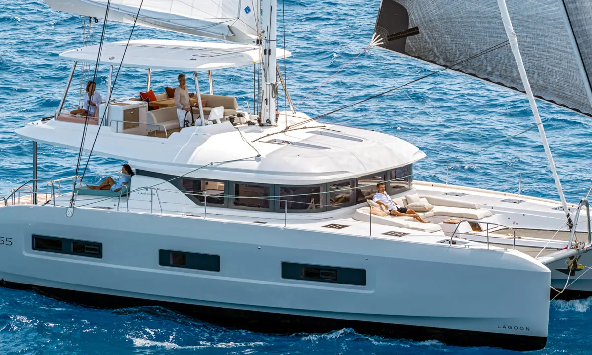 Exterior view of Seas The Day, a Lagoon 55 catamaran at Grad Kaštela, Croatia