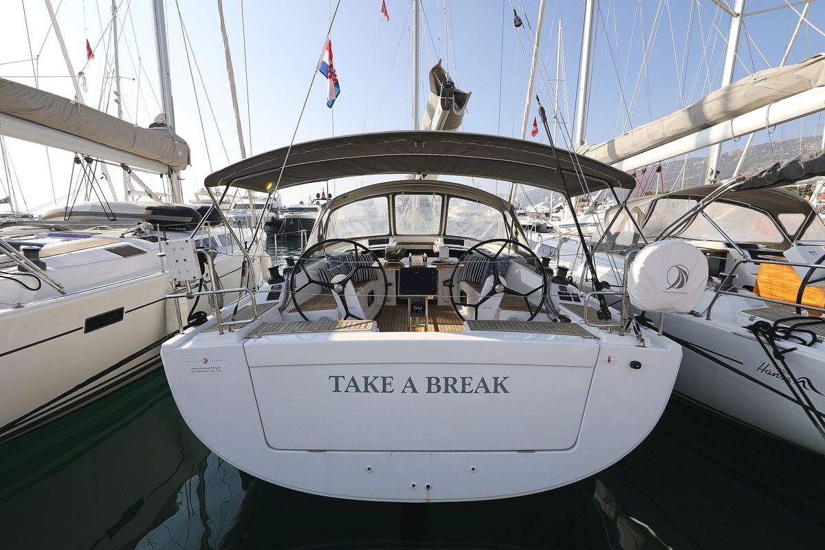 Exterior view of Take A Break, a Hanse Yachts Hanse 415 sailboat at Grad Kaštela, Croatia