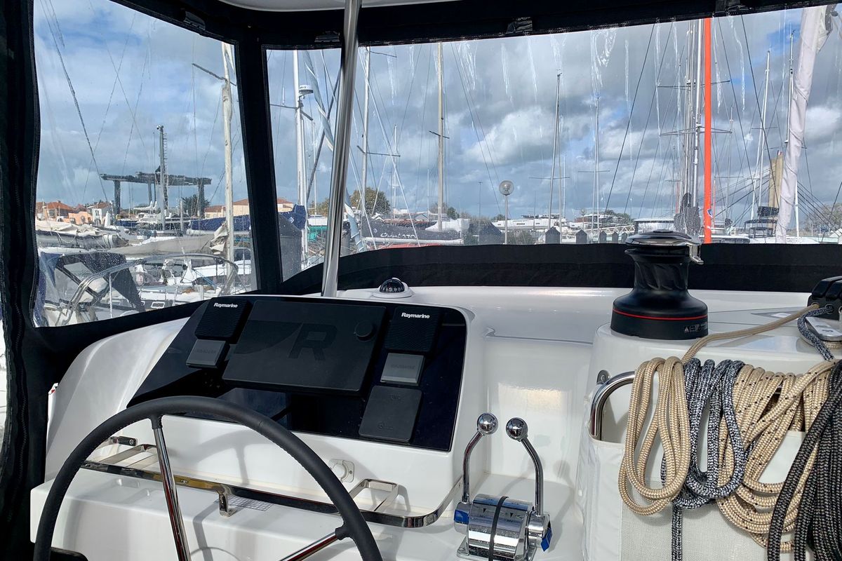 Cockpit of Varuna, a Lagoon 42 catamaran at Eden Island Marina, Seychelles