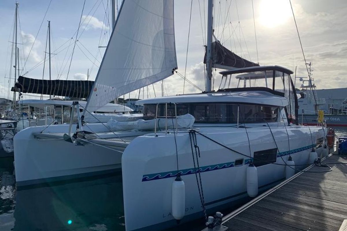 Exterior view of Varuna, a Lagoon 42 catamaran at Eden Island Marina, Seychelles