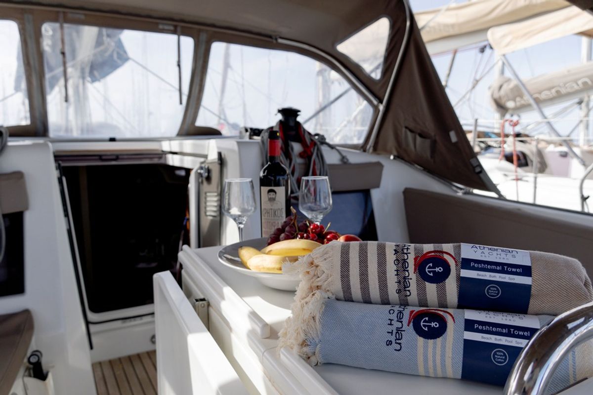 Deck of Laertes, a Jeanneau Sun Odyssey 410 sailboat at Kos, Greece
