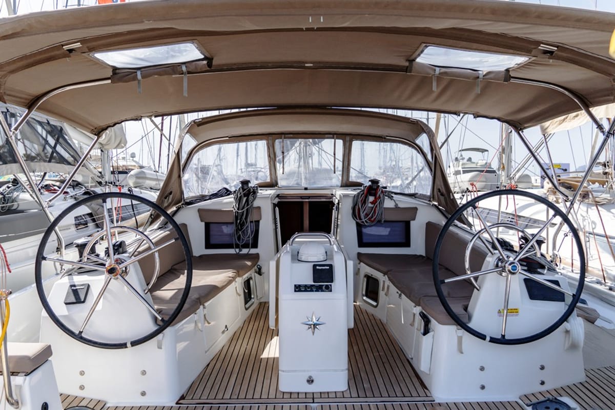 Cockpit of Laertes, a Jeanneau Sun Odyssey 410 sailboat at Kos, Greece