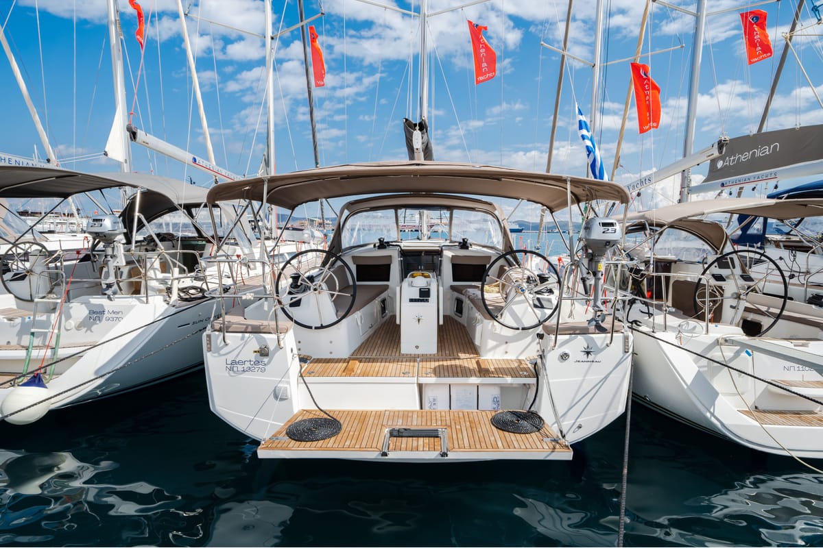 Exterior view of Laertes, a Jeanneau Sun Odyssey 410 sailboat at Kos, Greece