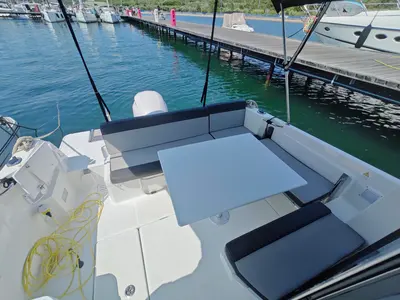 Deck of Ares, a Jeanneau Merry Fisher 795 Series 2 motorboat at Punat, Croatia