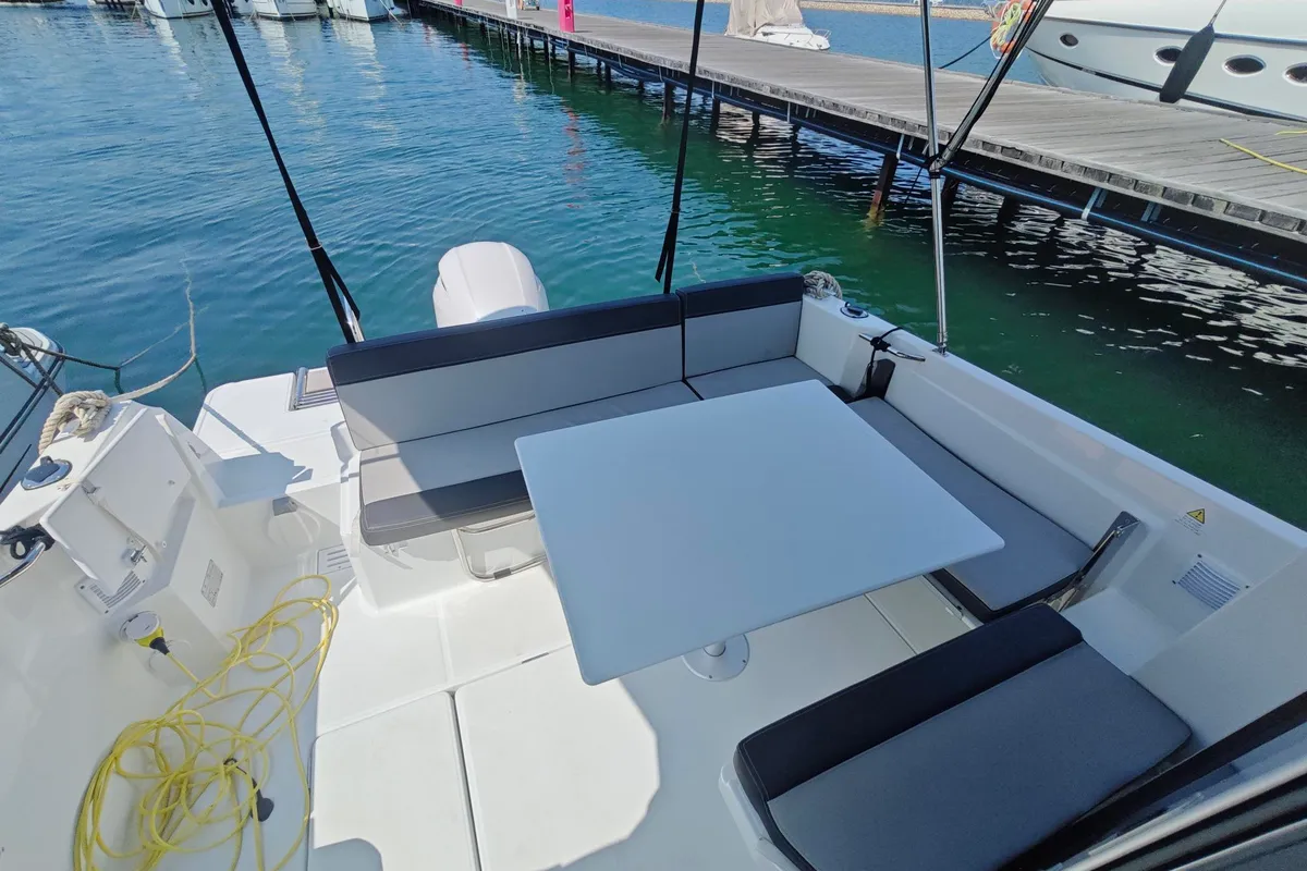 Deck of Ares, a Jeanneau Merry Fisher 795 Series 2 motorboat at Punat, Croatia