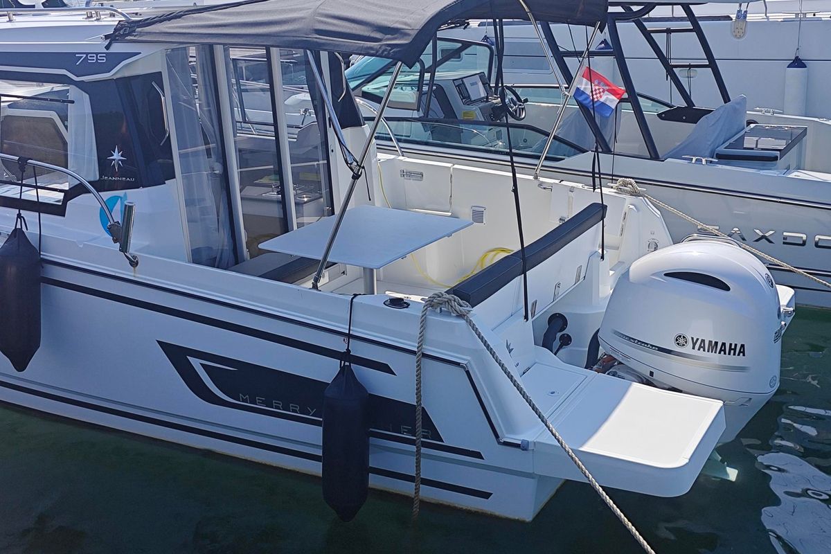 Exterior view of Ares, a Jeanneau Merry Fisher 795 Series 2 motorboat at Punat, Croatia