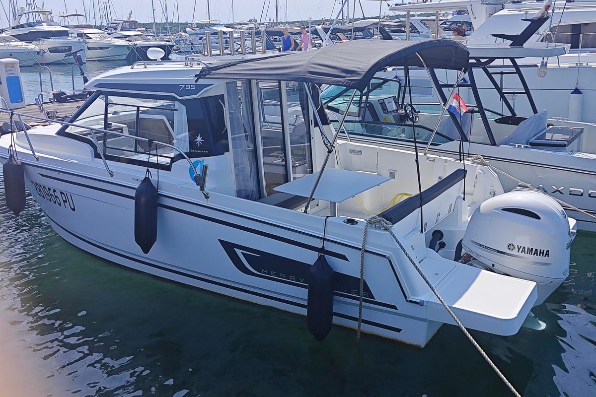 Exterior view of Ares, a Jeanneau Merry Fisher 795 Series 2 motorboat at Punat, Croatia