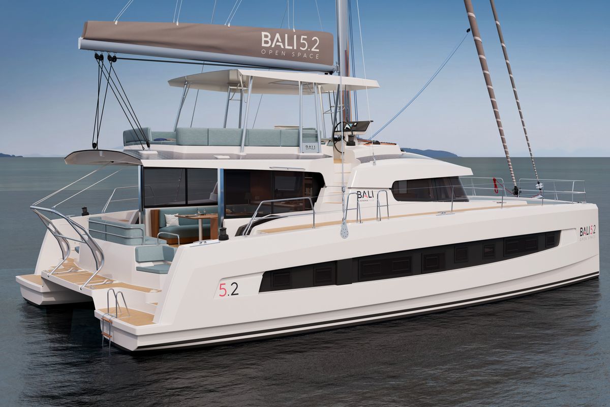Exterior view of XIFIAS, a Bali 5.2 catamaran at Athens, Greece