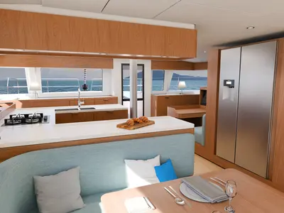 Salon of XIFIAS, a Bali 5.2 catamaran at Athens, Greece