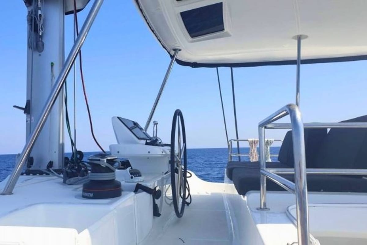 Cockpit of Thor, a Lagoon 50 catamaran at Olbia, Italy