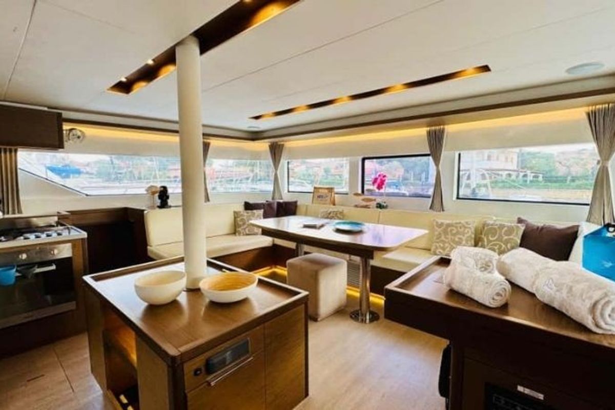 Salon of Thor, a Lagoon 50 catamaran at Olbia, Italy