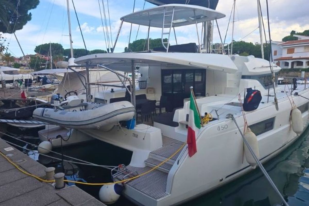Exterior view of Thor, a Lagoon 50 catamaran at Olbia, Italy