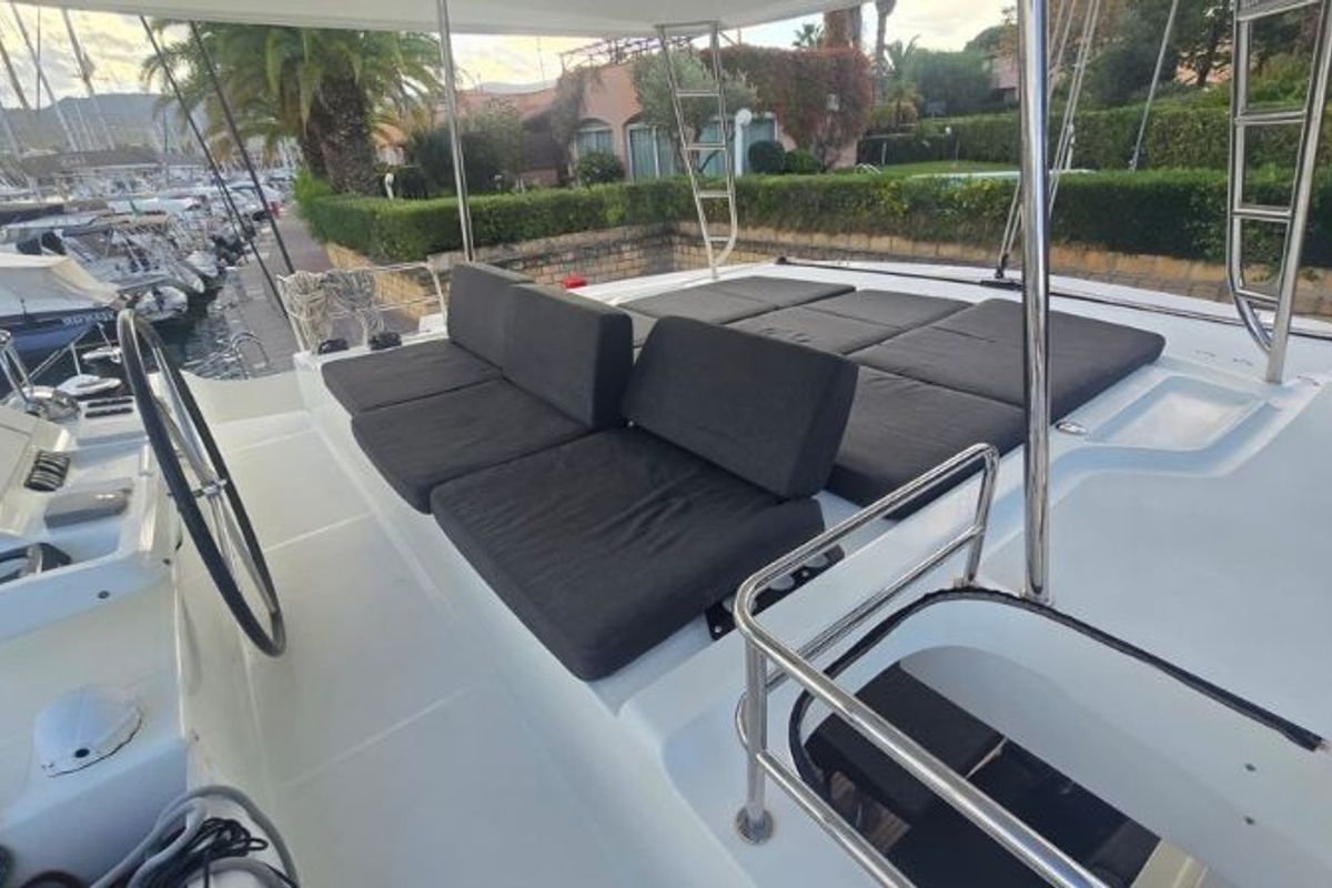 Cockpit of Thor, a Lagoon 50 catamaran at Olbia, Italy