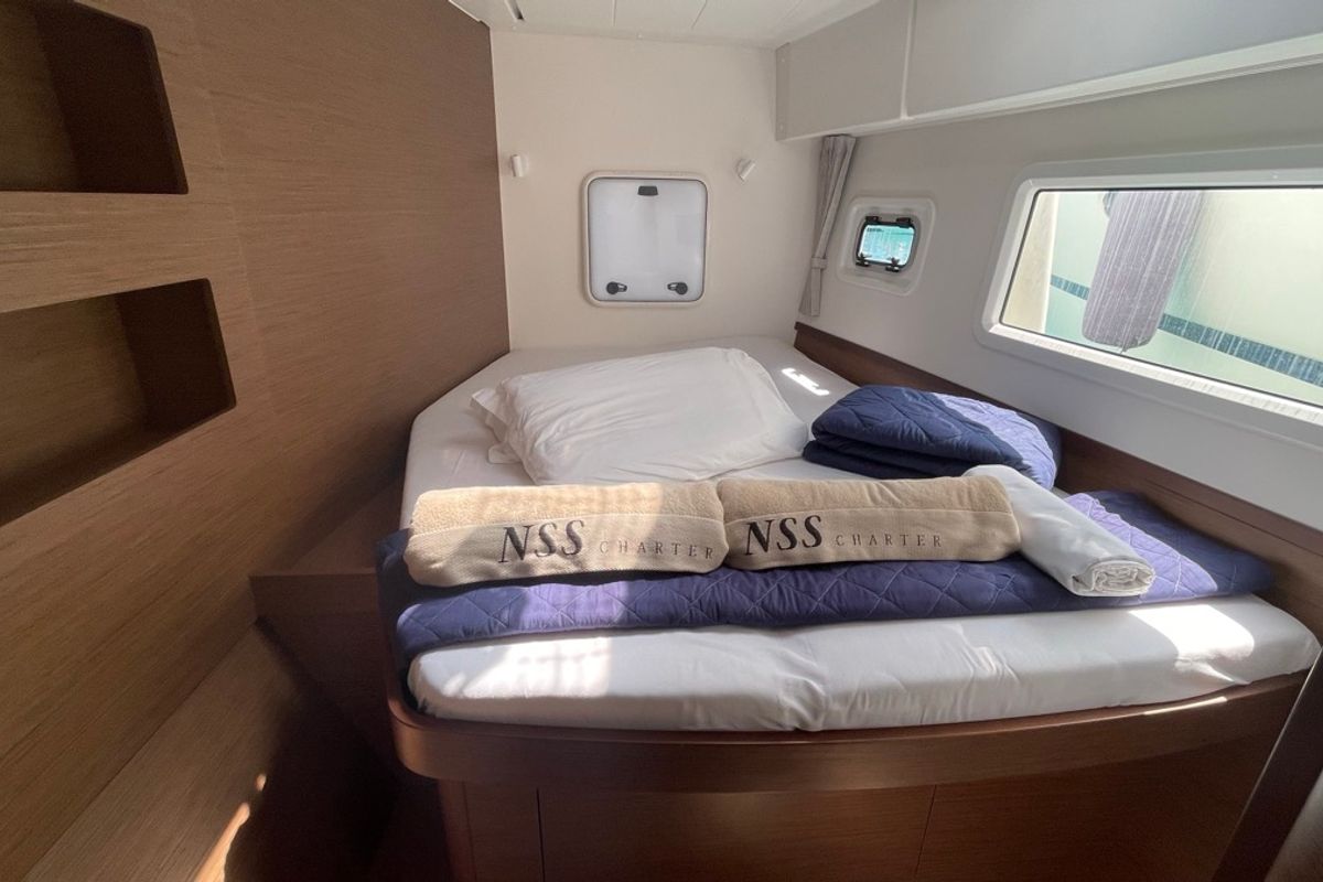 Cabin on Bellatrix, a Lagoon 42 catamaran at Rosignano Solvay, Italy