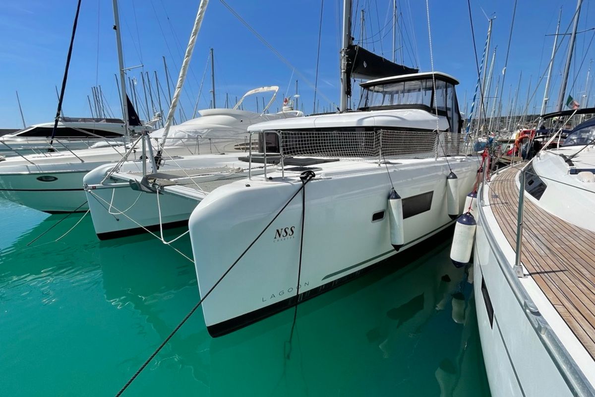 Exterior view of Bellatrix, a Lagoon 42 catamaran at Rosignano Solvay, Italy