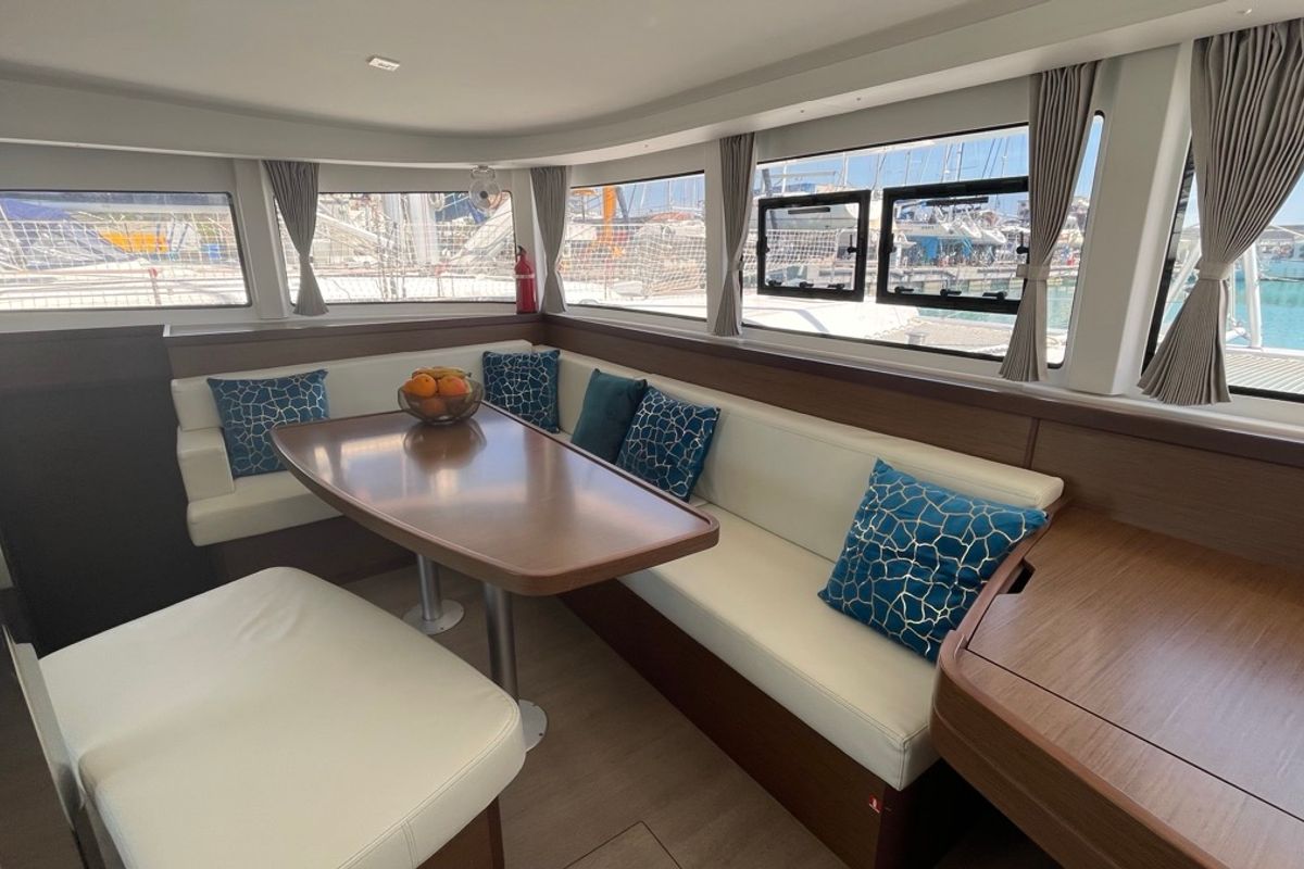 Salon of Bellatrix, a Lagoon 42 catamaran at Rosignano Solvay, Italy