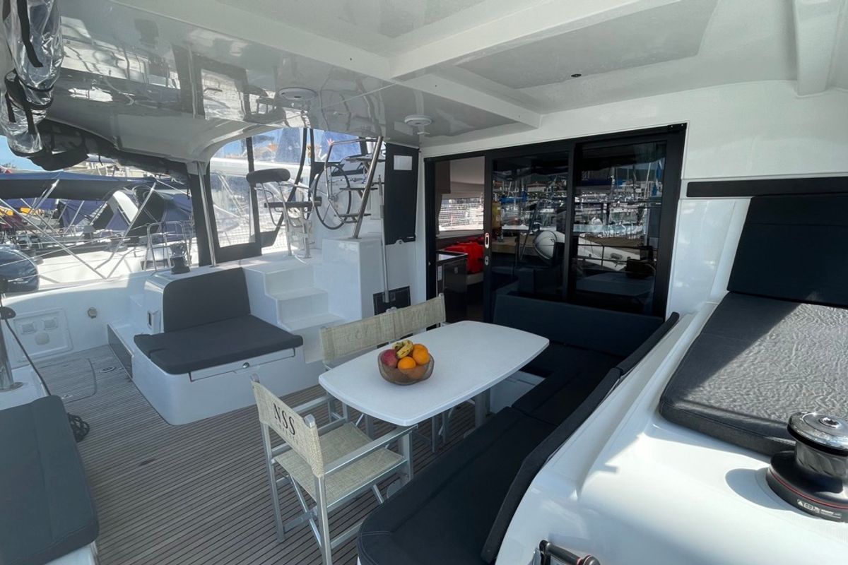 Deck of Bellatrix, a Lagoon 42 catamaran at Rosignano Solvay, Italy
