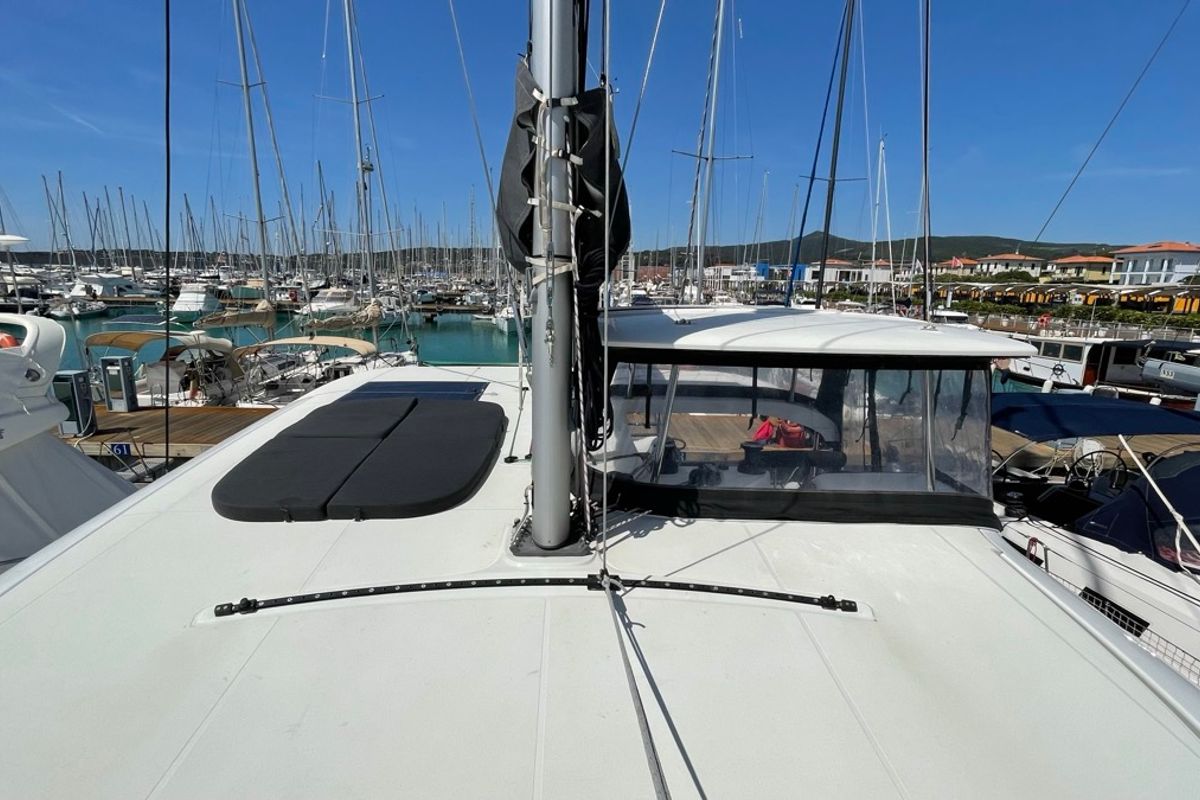 Deck of Bellatrix, a Lagoon 42 catamaran at Rosignano Solvay, Italy