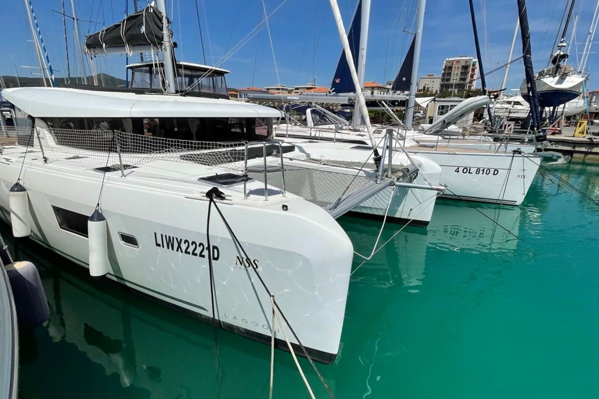 Exterior view of Bellatrix, a Lagoon 42 catamaran at Rosignano Solvay, Italy