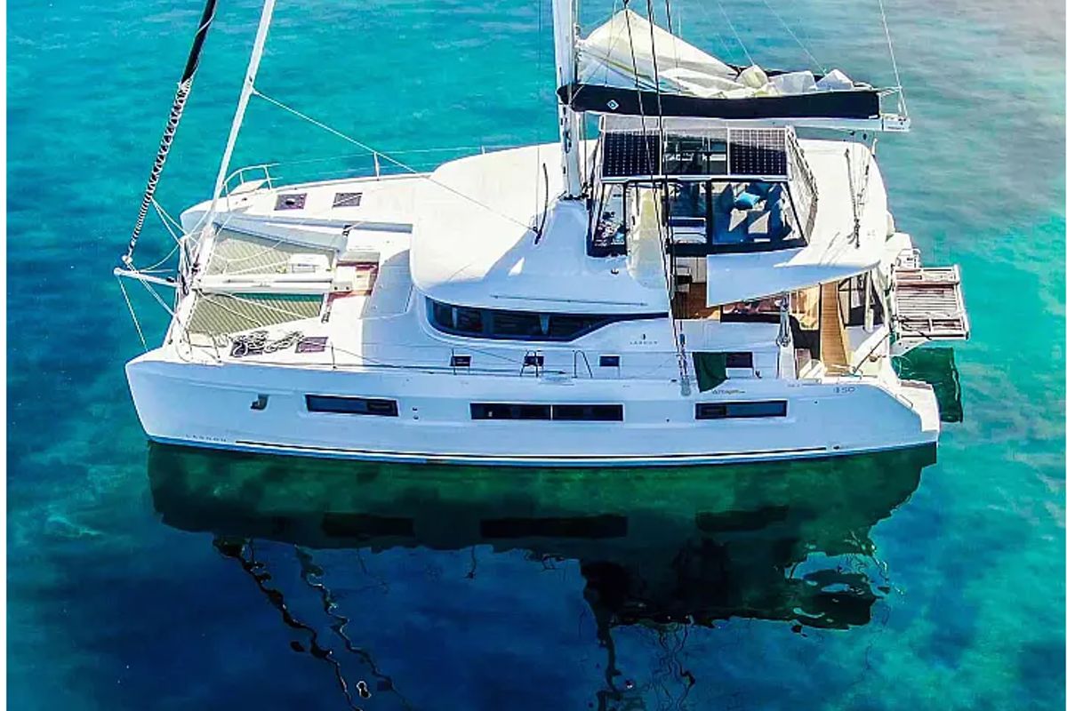 Exterior view of Sophia, a Lagoon 50 catamaran at Athens, Greece