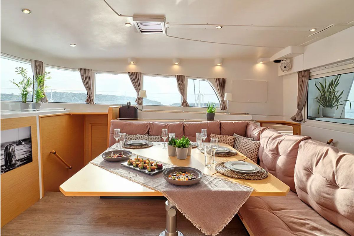 Salon of Sophia, a Lagoon 50 catamaran at Athens, Greece