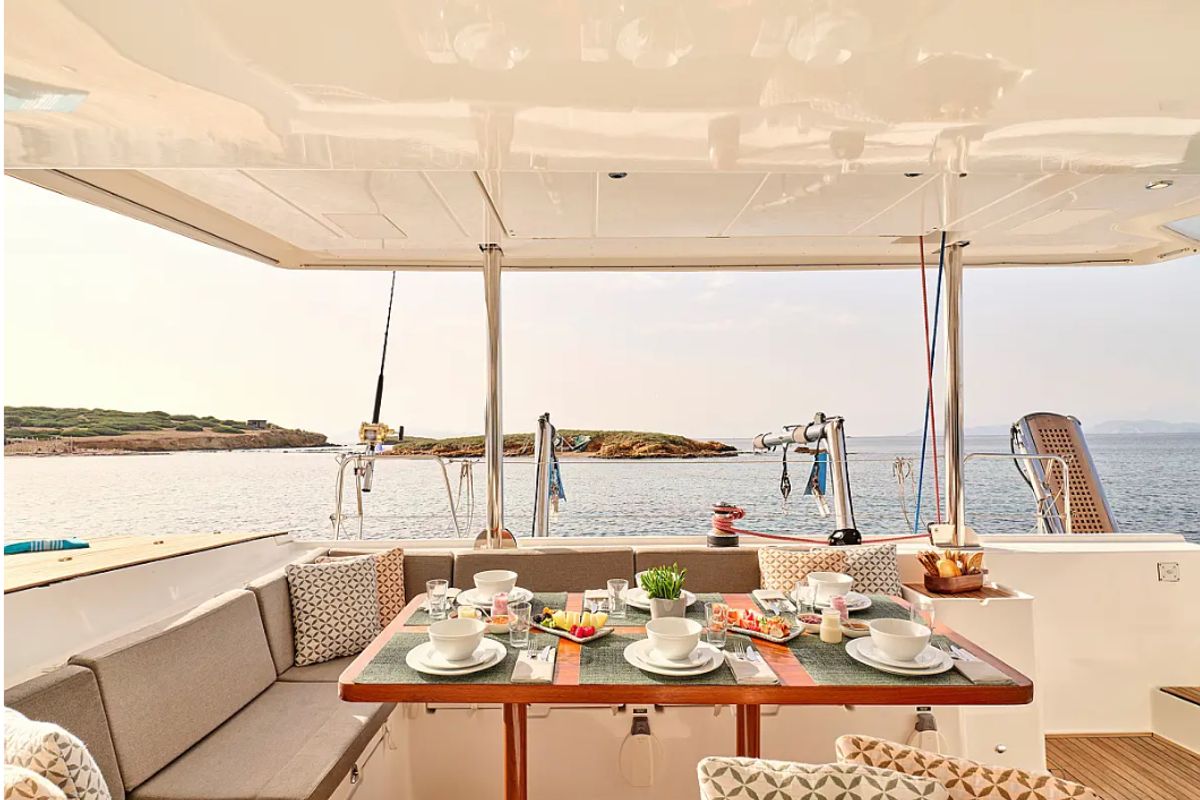 Deck of Sophia, a Lagoon 50 catamaran at Athens, Greece