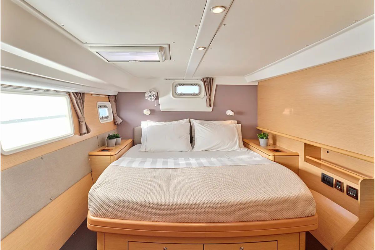 Cabin on Sophia, a Lagoon 50 catamaran at Athens, Greece