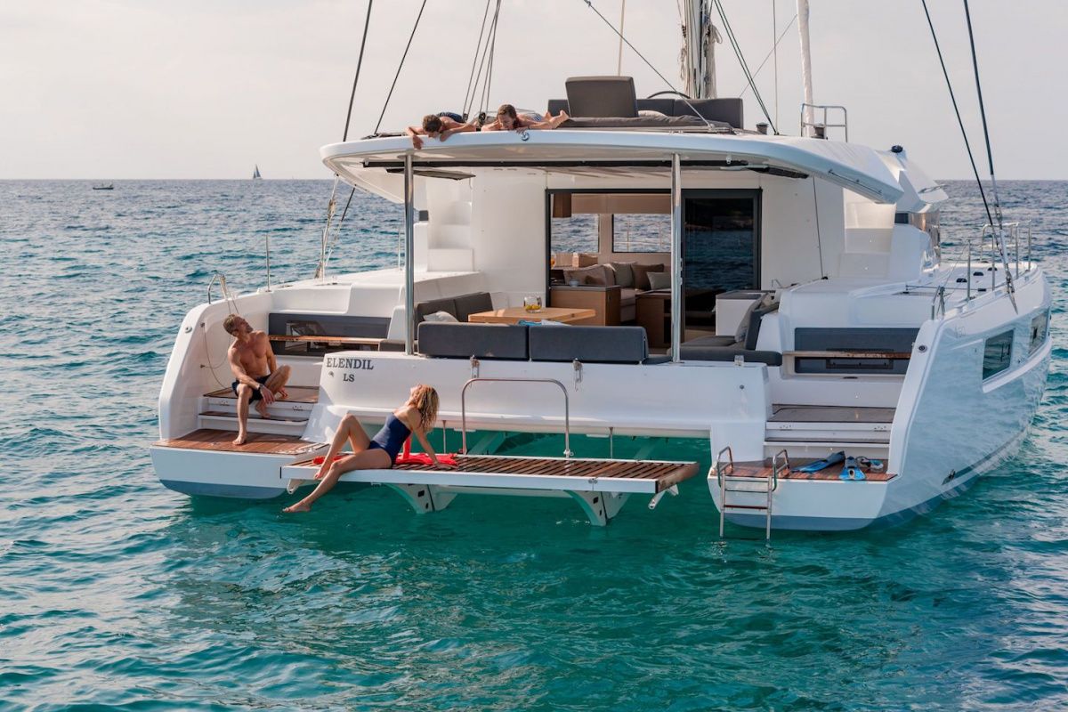 Exterior view of Sophia, a Lagoon 50 catamaran at Athens, Greece