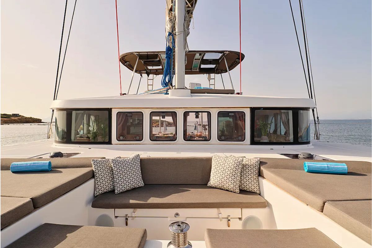 Deck of Sophia, a Lagoon 50 catamaran at Athens, Greece