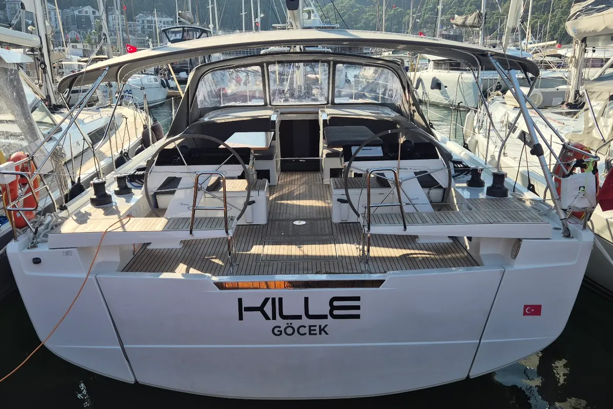 Exterior view of Kille, a Hanse Yachts Hanse 510 sailboat at Fethiye, Turkey